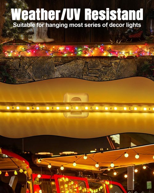 LZC Heavy-Duty Hooks for Outdoor String Lights - 25 Pack Clear Waterproof Adhesive Clips