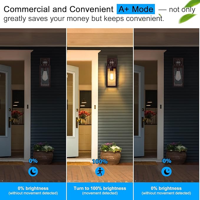 2-Pack Motion Sensor Outdoor Wall Lights, Dusk to Dawn Exterior Wall Sconces Lanterns with Seeded Glass, Waterproof Porch Light Fixtures Outside Lights for House Front Door Entryway Garage, Brown