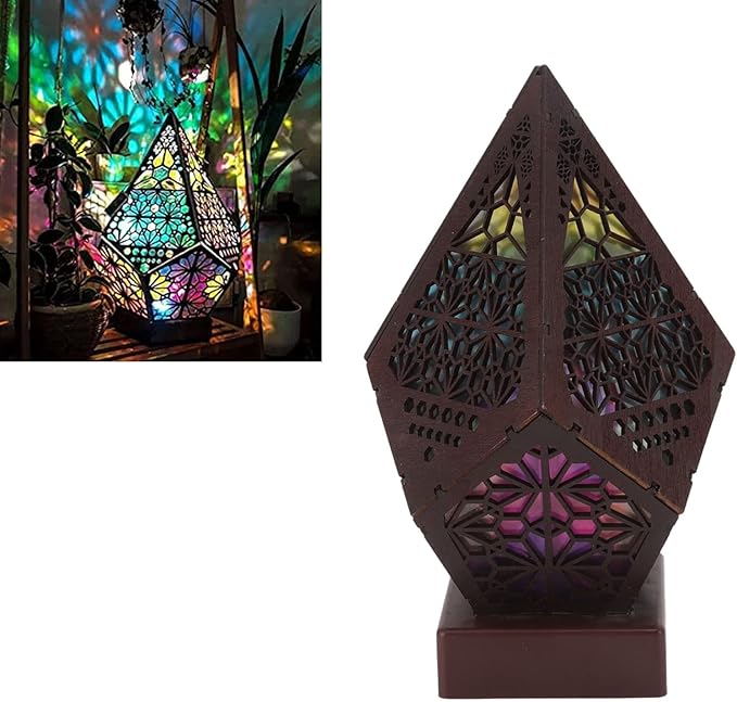 LED Star Projector, Colorful Retro Bohemian Wooden Star Sky Floor Projection Lamp, Night Light Projector for Collection Home Decor, Courtyard Garden Christmas Decoration, (Battery Not Included)