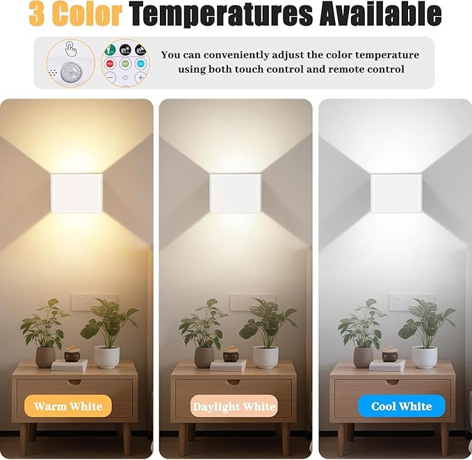 Yochoice Motion Sensor Wall Light with Remote Control, 6000mAh White Wireless Touch Control Rechargeable Wall Lamps with 3 Color Temperatures, LED Up Down Battery Operated Wall Lights Indoor, 4-Pack
