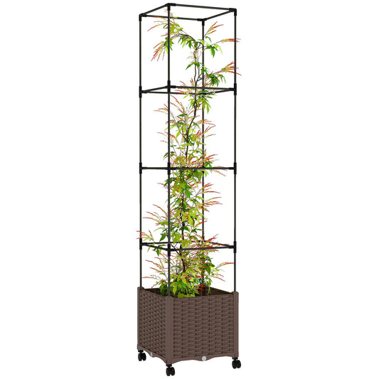 Outsunny Raised Garden Bed with Trellis, 71.7" Tomato Cage with Lockable Wheels, Self Watering Outdoor Planter Box with Drainage Holes and Plugs for Climbing Plants, Vines, Vegetables, Flowers, Brown