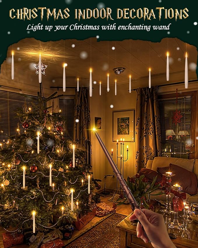 Floating Candles with Wand 20PCs -Christmas Magic Hanging Flameless Candles Taper Candles with Remote for Halloween Window Home Bedroom Birthday Party Decorations