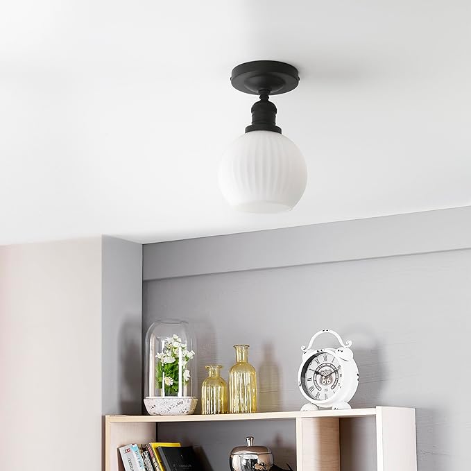 Industrial Globe Semi Flush Mount Pendant Ceiling Light with White Glass Lampshade, Vintage Close to Ceiling Light Fixture for Porch, Hallway, Entryway, Kitchen, Bedroom, Hotel