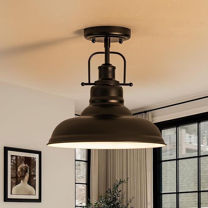 Famrhouse Ceiling Light, Semi Flush Mount Light Fixture with Metal Dome Shade, Balck Ceiling Light for Hallway, Entryway,Kitchen