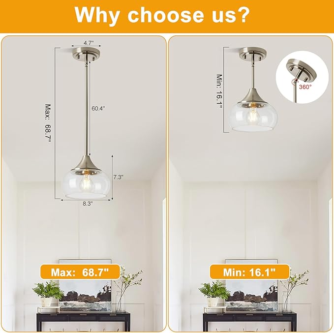 Modern Pendant Lights for Kitchen Island, Brushed Nickel Pendant Light Fixtures with 8.5" Clear Glass Shade, Industrial Hanging Pendant Lights Fixture for Kitchen Island Dining Room Entryway 1 Pack
