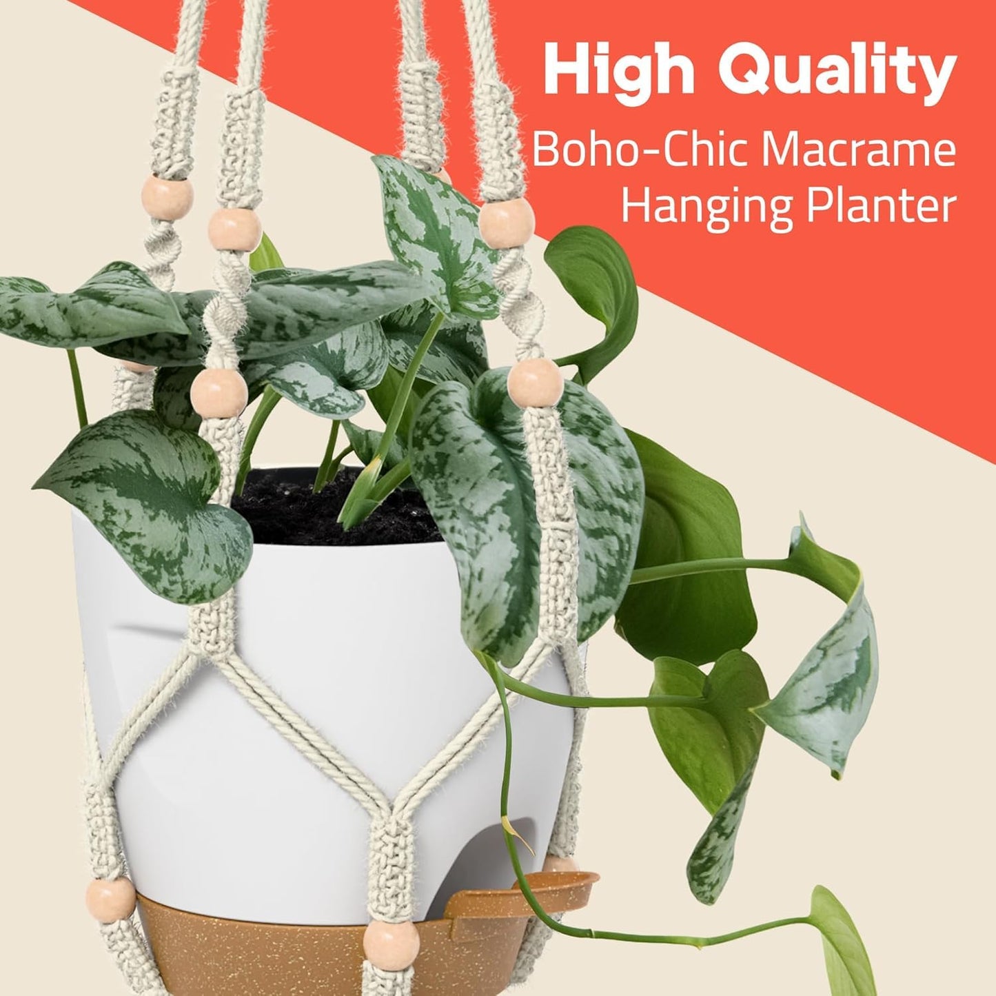 Macrame Plant Hangers for Indoor and Outdoor Use, Set of 3 Hanging Plant Pots Holders with Hooks, Ivory Cotton Rope, Tassel-Free, Fits 6" to 10" Pots, Rope Lengths 35", 26", 20", (No Pots Included)