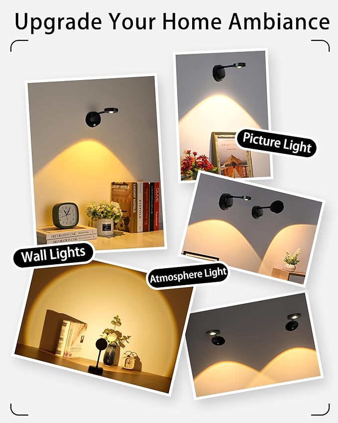 2200mAh Motion Sensor Picture Light, Spotlight Painting, LED Wall Sconce, Night Light Lamp, Rechargeable Battery Operated 3 Color & Dimmable Magnetic 360° Rotation with Remote (Black, 2 Pcs)