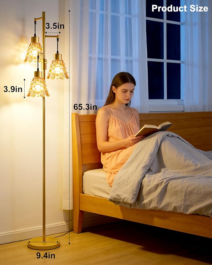 Lightdot 67" Glass Floor Lamps for Living Room, 3-Light Dimmable Floor Lamp with Brown Glass Shade& E12 Bulbs Included, Mid Century Standing Tall Lamp for Bedroom/Sofa Beside/Corner Decor-Gold