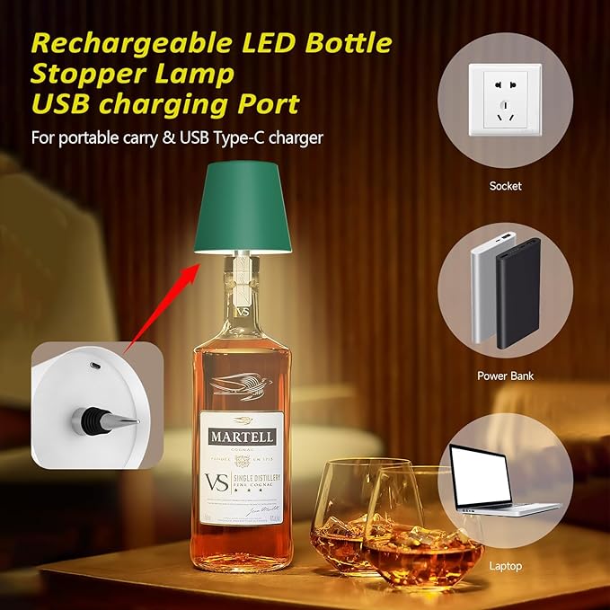 2025 New Wireless Bottle Lamp - LED Bottle Lights for Liquor & Wine Bottles, Cordless Lampshade, Whiskey Bottle Top Light, Bottle Stopper Night Light Kit, Rechargeable 3-Tone Touch-Dimmable