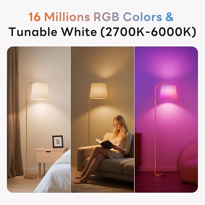 Arc Floor Lamp for Living Room with Smart RGBCW Color Changing Bulbs Dimmable, Stand lamp Compatible with Alexa, Siri, Google Voice & App Control, Tall Lamp for Living Room, Bedroom, Gold