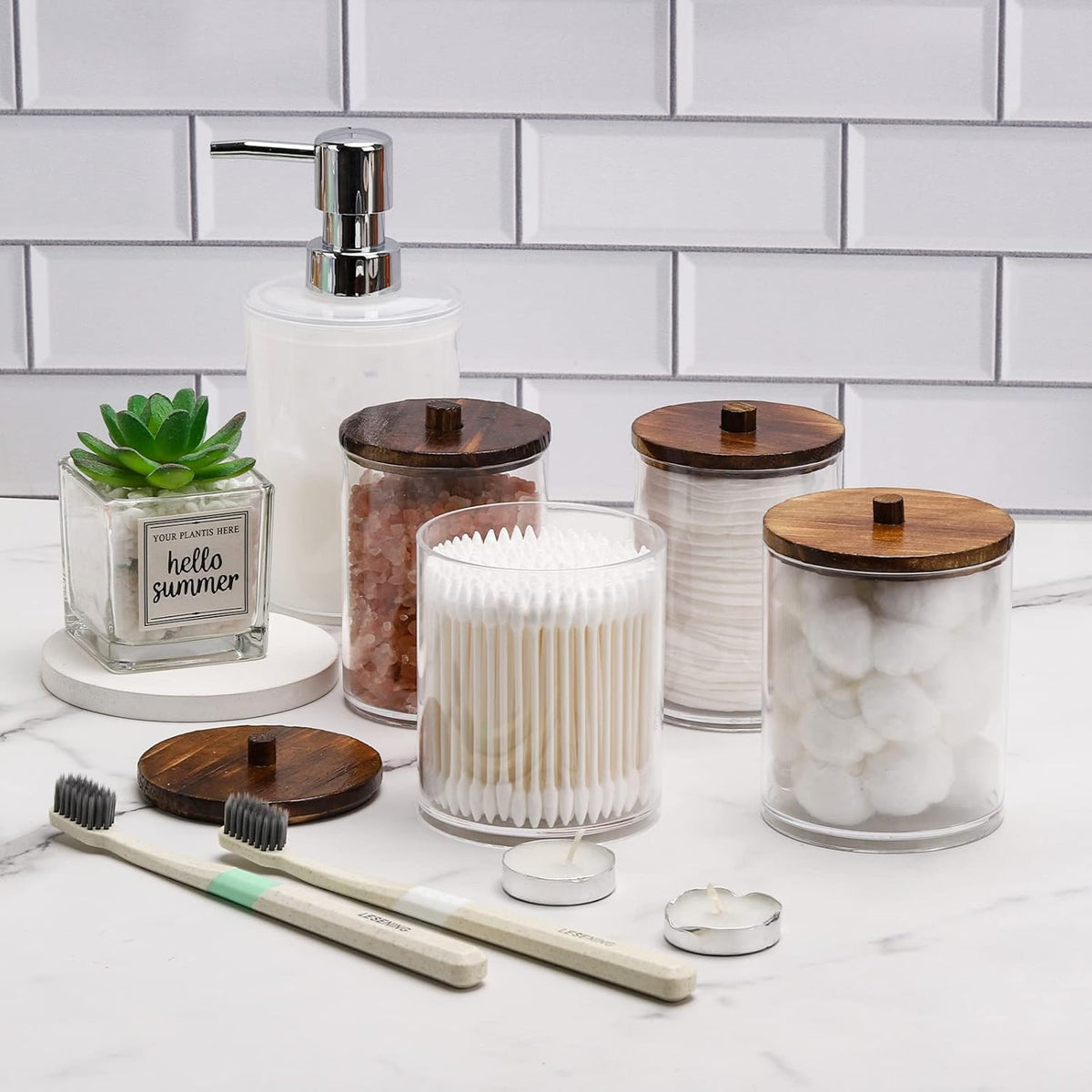 Tbestmax Qtip Holder Dispenser - 4 Pack Clear Plastic Apothecary Jars with Brown Wood Lids | 12oz & 10oz Storage