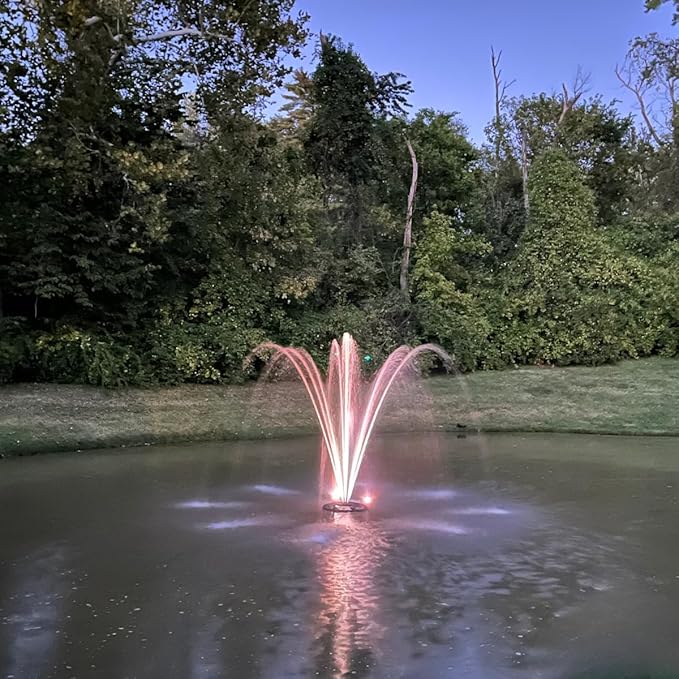 HALF OFF PONDS Floating Fountain, 1 HP Pond Aerator, 100 ft Cord, 15,000 GPH Water Pump, 13 Spray Patterns, Color-Changing LED Lights, for Large Ponds, Lakes & Water Gardens