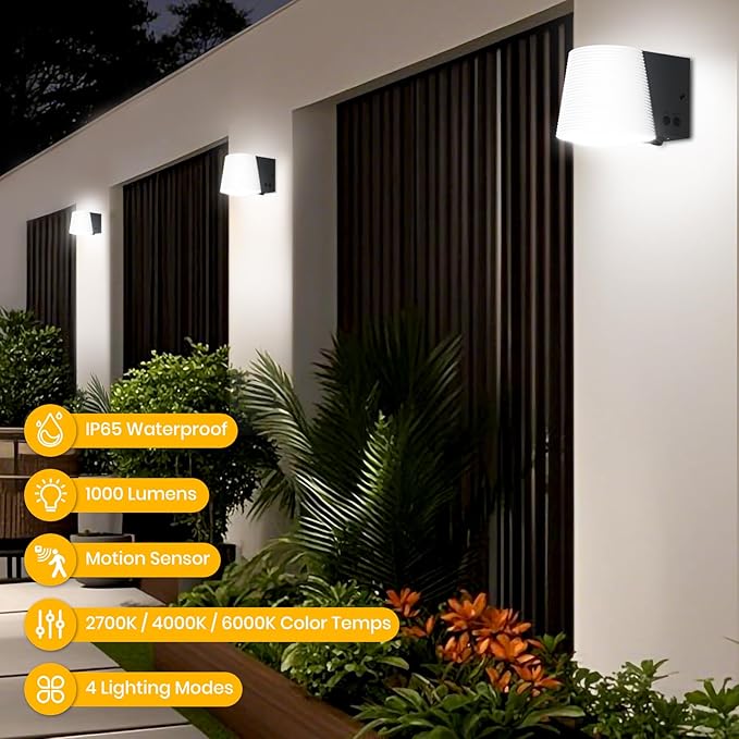 Outdoor Light Fixture, AC/Solar Hybrid Charging Porch Light Outdoor Dimmable, 2700K/4000K/6500K, PIR Motion Sensor, 1000LM Outdoors Sconce Lights Waterproof for Door Yard Garage, White,1pcs