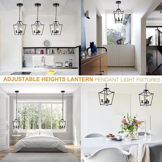 Lantern Pendant Light Black Pendant Light Fixtures 3-Light Black Lantern Pendant Lights, 9.4" Adjustable Farmhouse Pendant Lighting for Kitchen Island Dining Room Foyer