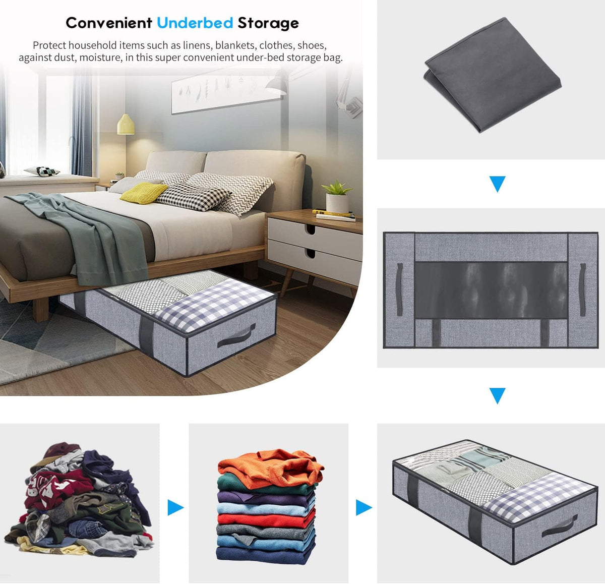 Onlyeasy Foldable Underbed Storage Bags - Breathable Organizer for Blankets & Clothes, 39.4x19.7x5.9 in, Linen-like Grey