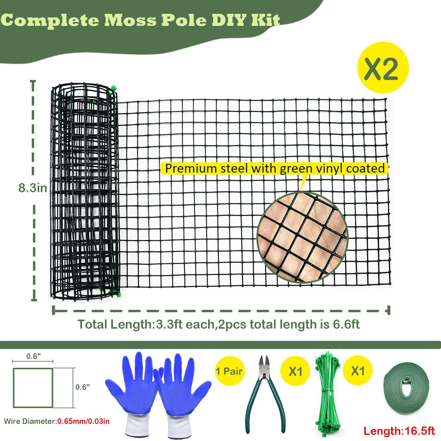 Moss Pole DIY Kit, 6.6/13.2/26.4ft Metal Moss Pole for Plants Monstera, 2Pcs 8.3in×3.3ft Steel Mesh with Plier, Cable Zip Ties, Sphagnum Moss Pole (6.6ft Wire Mesh with Plier)