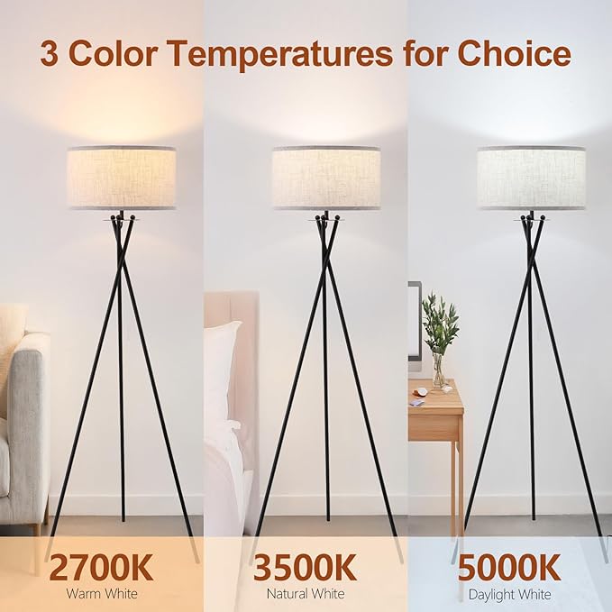 Modern Tripod Floor Lamp, Mid Century Reading Standing Lamp with 3 Color Temperatures and Foot Switch, Modern Night Light for Living Room, Bedroom, Office Décor, Black