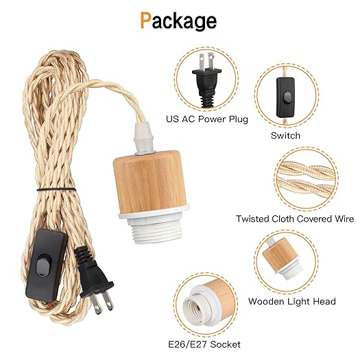 15ft Wood Pendant Light Cord Kit with Shade Ring and ON Off Switch, Hanging Lamp Kit Plug in Cord for Farmhouse, Vintage Swag Light Bulb Cord DIY Twisted Nylon Rope for E26 E27 Socket