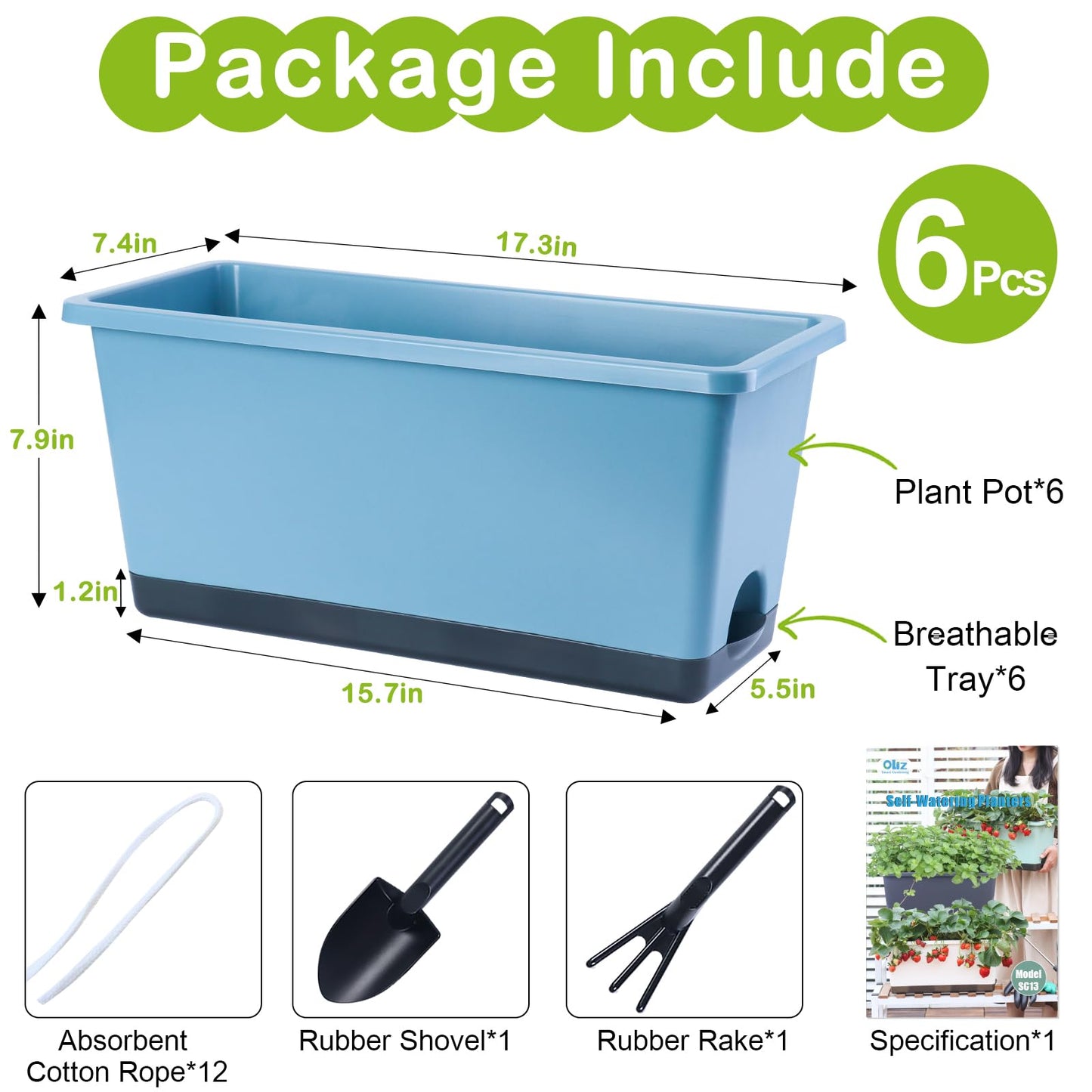 Oliz Window Box Planter 6 Pcs, 17 Inches Rectangle Flower Pots with Drainage Holes and Trays, Vegetable Planters for Windowsill Patio Garden Balcony Indoor Outdoor (Blue, 17 * 7.4 * 7.8 inch)