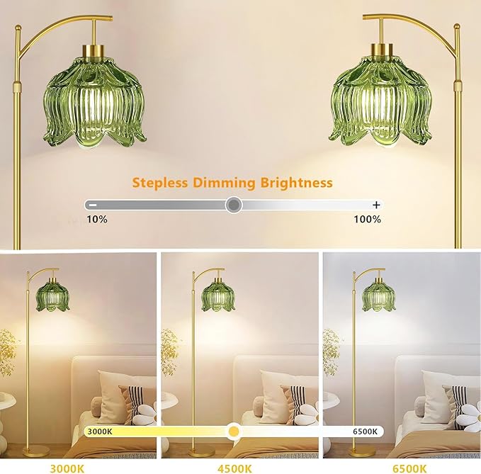 Green Floor Lamp for Living Room,Bedroom,Gold Dimmable Standing Lamp with Remote,Mid Century Modern Brass Tall Lamp Boho Floor Lamps Arc Vintage Glass Flower Floor Light Lamp Girls Bohemian