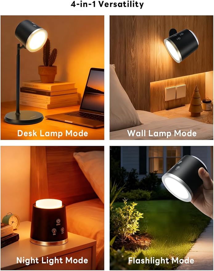Magnetic Rechargeable LED Desk Lamp, Cordless Dimmable Reading Light with 3 Color Modes, 360° Rotation for Home Office Bedroom Hallway Camping