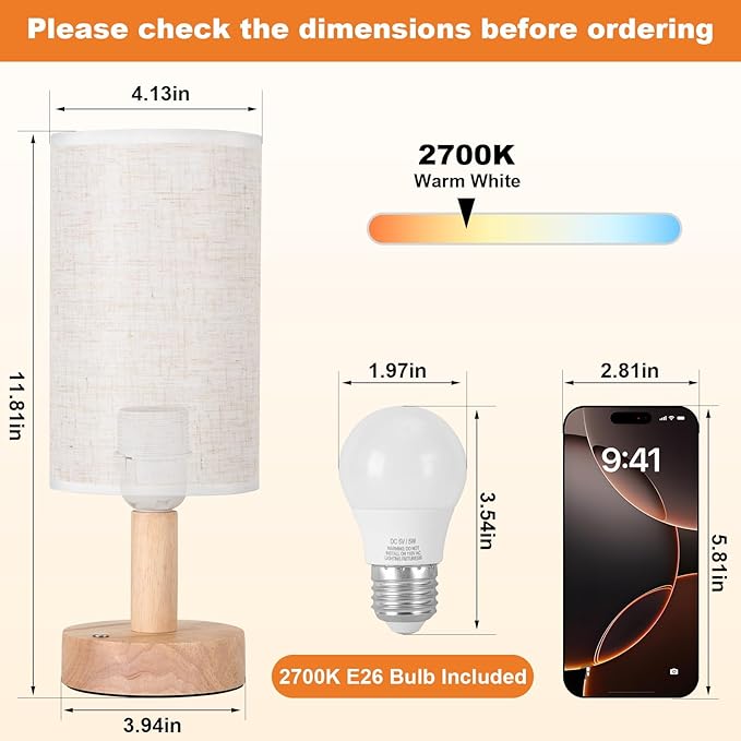 Small Cordless Touch Table Lamps Set of 2 with Stepless Dimming, Natural Wood Base & Linen Fabric Shade,Wireless Battery-Powered Ambient Night Lights for Bedroom, Bedside, Nightstand,Room, Nursery