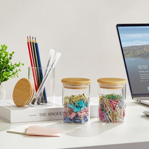 INIUNIK Qtip Holder Dispenser - 4 Pack Glass Apothecary Jars with Lids | Bamboo Bathroom Organizers