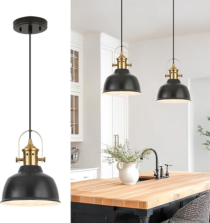 Farmhouse Small Pendant Lights, Black Pendant Lighting for Kitchen Island, lndustrial Adjustable Height Hanging Light for Barn, Dining Room, 1 Pack