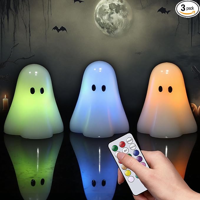 DRomance Halloween Ghost Flameless Candles Battery Operated with 18-Key Remote and Timer Set of 3 Real Wax Color Changing LED Flickering Candles Spooky Halloween Indoor Decoration(3" D x 3.5" H)