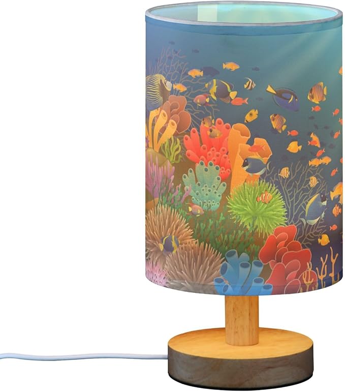 Table Lamp Underwater Sea Fish Coral Ocean Sunshine Nightstand Lamp with Wood Base Fabric Lamp Shade Bedside Desk Lamp for Living Room Bedroom Kids Room Office