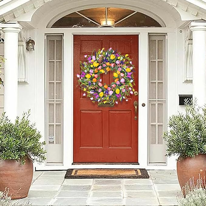 24 Inch Spring & Summer Artificial LED Tulip Wreath with LED Lights, Multicolor, for Easter, Holidays & Celebrations