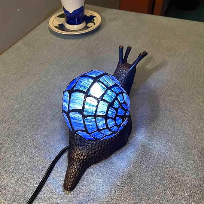 Bieye L10983 Land Snail Tiffany Style Stained Glass Accent Table Lamp for Home Decoration (Blue, 10" D x 5" W x 5" H)