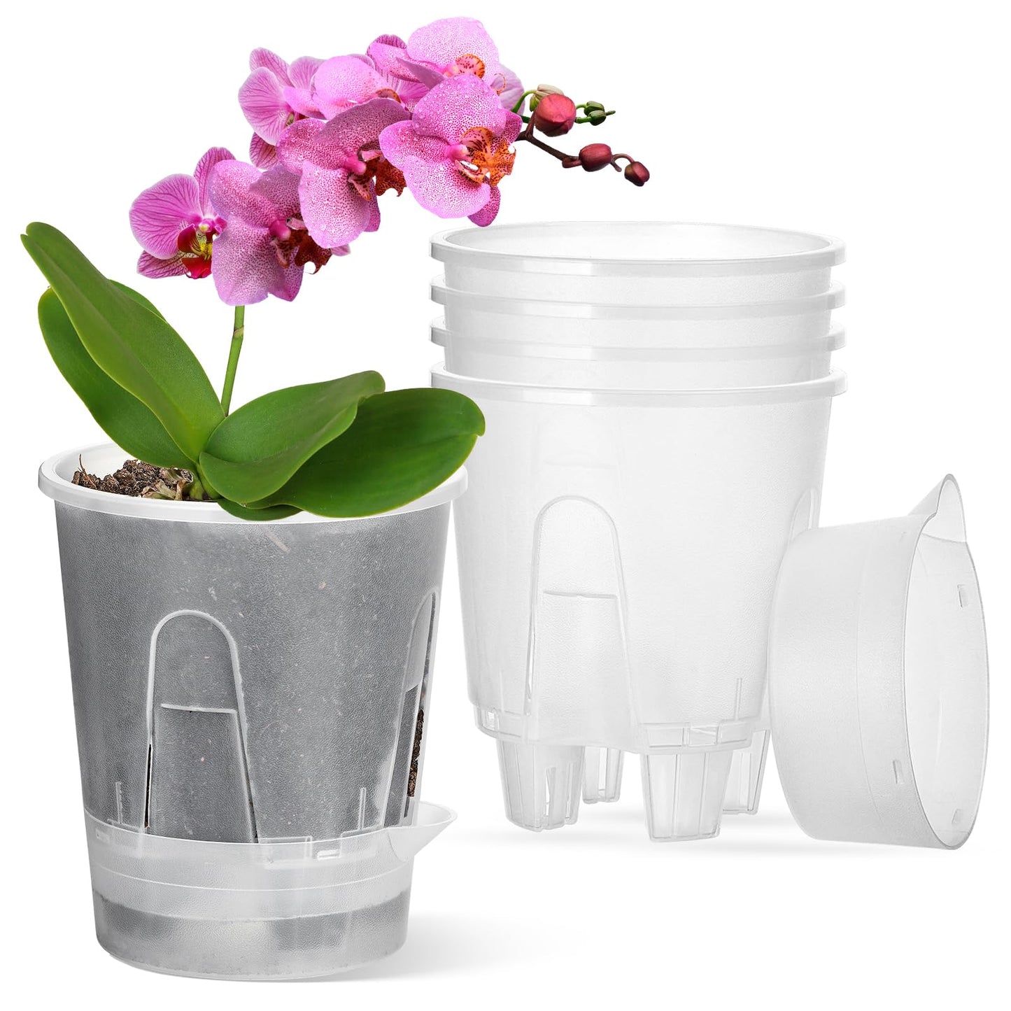 IWNTWY Plant Pots 6 inch Set of 5, Self Watering Pots for Indoor Outdoor, Upgraded Water Inlet Self Watering Planters Flower Pots with Drainage Hole and Clear Saucer Reservoir (Clear)