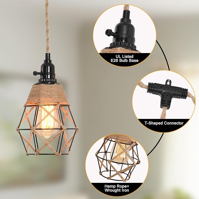 3-Light Hanging Light with Plug in Cord,Plug in Pendant Light 22ft Hemp Rope Pendant Lighting Vintage 3-Light Hanging Lamp Fixtures for Kitchen Island Living Room Bedroom