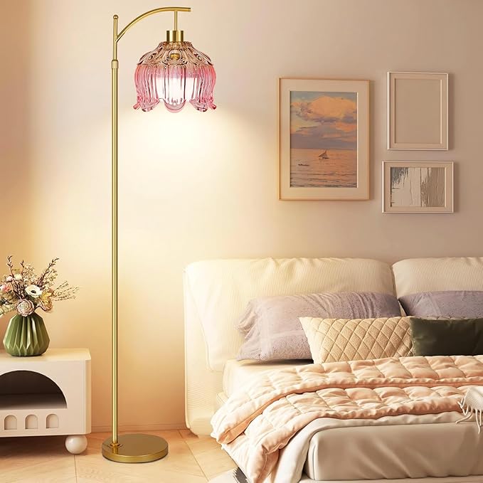 Pink Floor Lamp for Living Room,Bedroom,Glass Gold Dimmable Standing Lamp with Remote,Mid Century Modern Brass Tall Lamp Boho Floor Lamps Arc Stained Tulip Flower Floor Light Lamp Bohemian