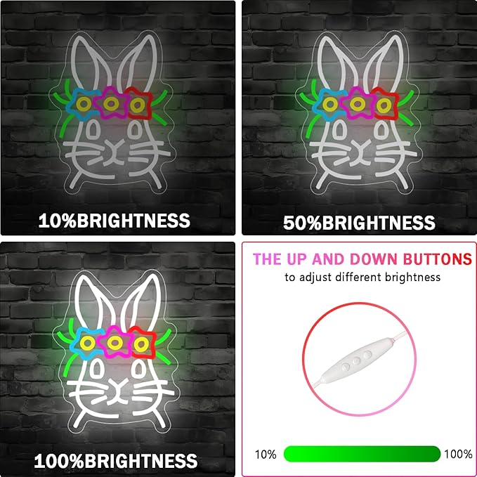 Easter Neon Sign for Wall Decor Easter Bunny Neon Sign Cute Rabbit Wearing Flower Neon Led Lights for Spring Bar Living Room Party Holiday Bedroom Gifts