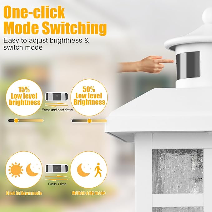 Dawn to Dusk Motion Sensor Wall Light Fixtures - White Wall Mount with E26 Sockets & Tempered Glass, Waterproof Outdoor & Indoor Lights for House, Porch, Garage, Door