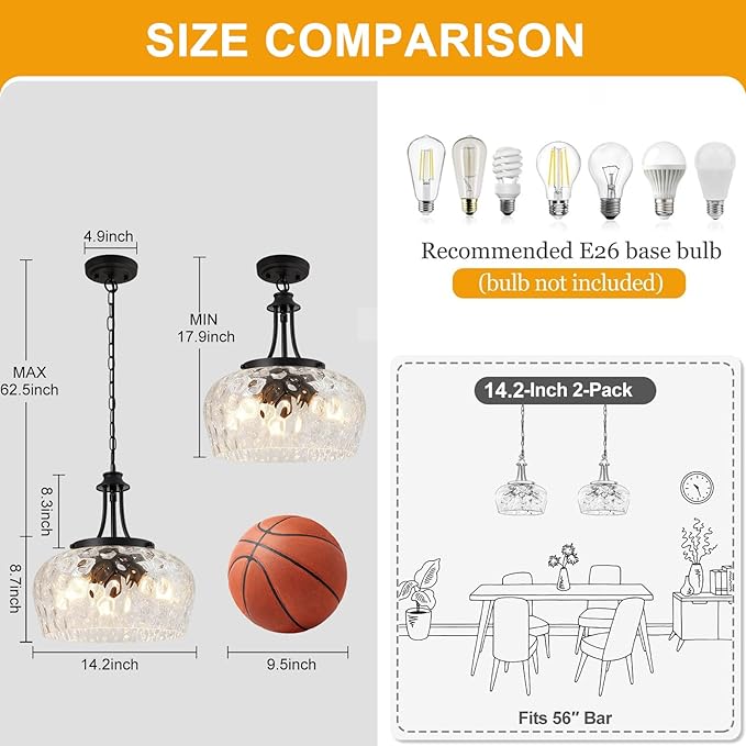 Modern Pendant Lights Kitchen Island, 3-Light Black Pendant Light Fixtures with 14.2" Clear Hammered Glass Shade, Industrial Hanging Pendant Lights Fixture for Kitchen Island, Dining Room, Entryway