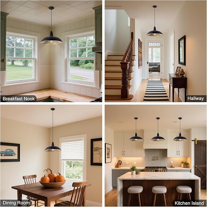 Farmhouse Pendant Light with 16 Inch Dome for Outdoor and Indoor Use, Barn Style Hanging Light for Kitchen Dining Room, Adjustable Height, Matte Black Exterior/Brass Interior
