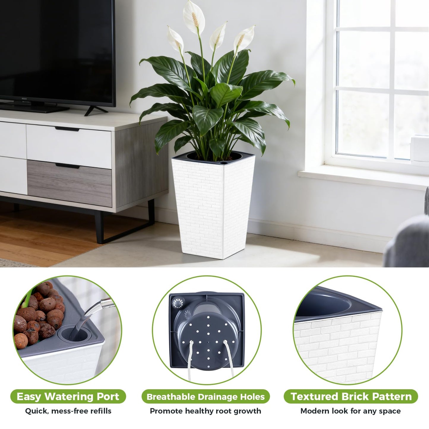 Self Watering Pots for Indoor Plants, 2 Pack Flower Pots Self Watering Planter 10.7" x 6.9" Plastic Pots African Violet Wick and Grow Pots Tall Orchid pots Square Large Plant Pots, White