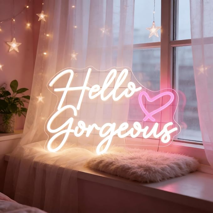 Hello Gorgeous Neon Light for Wall Decor, Pink USB Powered LED Sign with Dimmable Switch, Neon Sign for Home, Wedding, Birthday Backdrop, Party (Warm White02)