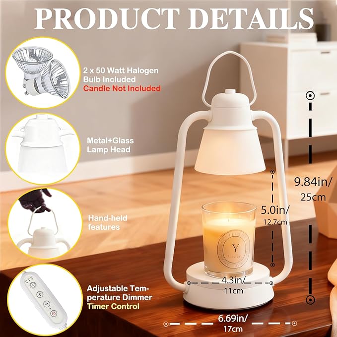 Candle Warmer Lamp with Timer for Jar Candle, 4 Level Dimmable, Electric Wax Melt Warmer with 2 Bulbs, Vintage Decor Lamp - Housewarming/Birthday/Christmas Gift for Mom Sister Girlfriend White