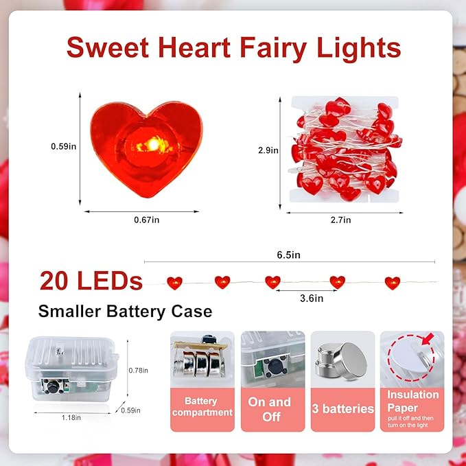 Valentine's Day Red Heart Fairy Lights 7Ft 20 LED Twinkle 3 Modes String Lights Battery Operated Waterproof Firefly Starry for Mason Jar Party Wedding Valentines Mother's Day,2 Pack