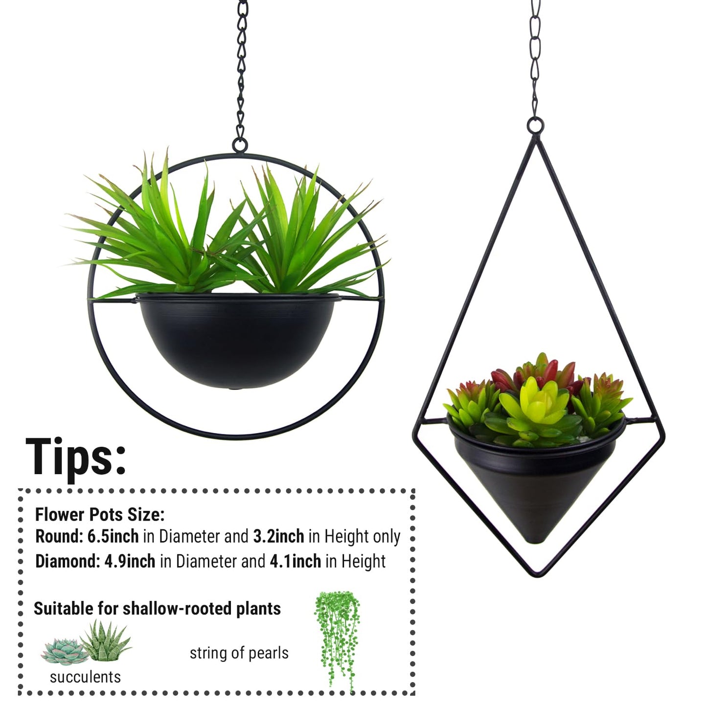 Metal Hanging Planters Set of 2 Modern Indoor Plant Hanger with Round and Diamond Pots, Geometric Small Wall and Ceiling Hanging Plant Holders for Succulents and Herbs, Black Finish