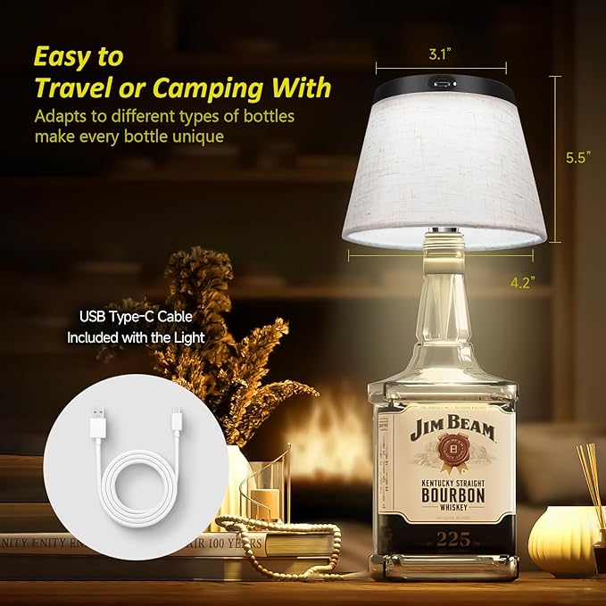 2025 New Bottle Lamp - LED Bottle Lights for Liquor & Wine Bottles, Cordless Lampshade, Whiskey Bottle Top Light, Bottle Stopper Night Light Kit, Beige Fabric