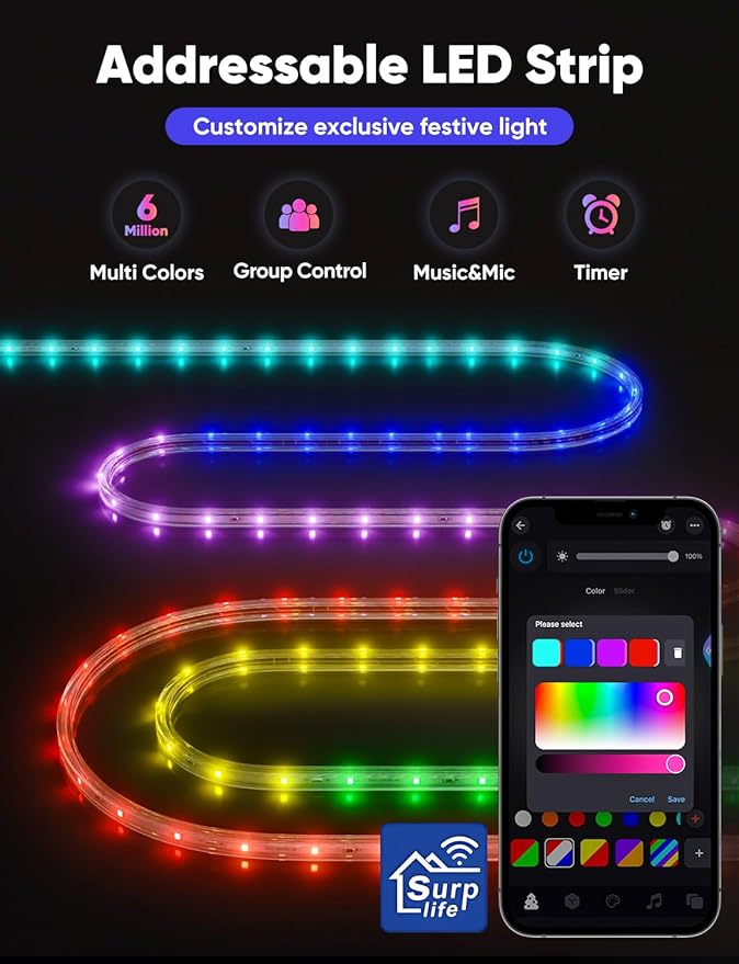 65FT Outdoor LED Strip Lights RGB+IC with Warm&Cool White, ETL Listed Music Sync Light Strip AC 120V, IP65 Waterproof and Connectable, for Party Festival Eave Porch Patio Every Day Decor
