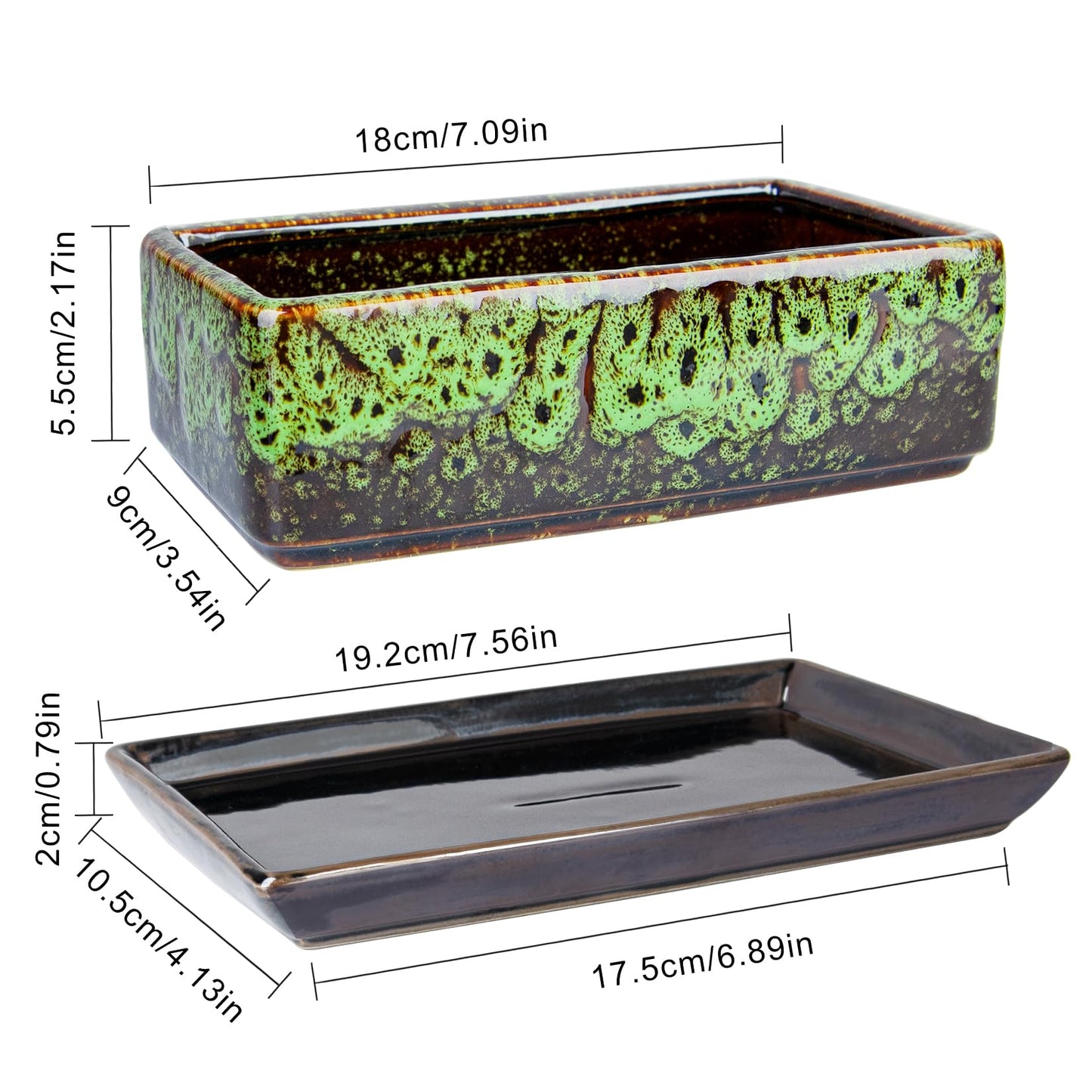 ARTKETTY Succulent Pots - Long Rectangle Succulent Planters with Drainage Tray, Window Sill Planter, Ceramic Pots for Indoor Cactus Plants Shallow Bonsai Window Box for Home Garden Decor