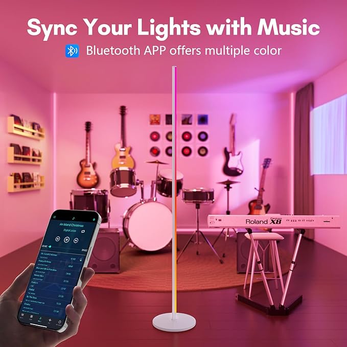 luckystyle Smart RGB Corner Floor Lamp,Bright LED Tall Modern Floor Lamp with APP and Remote,Ambient Lighting Color Changing Standing Lamps with Music Mode and Timing for Living Room,Bedroom White