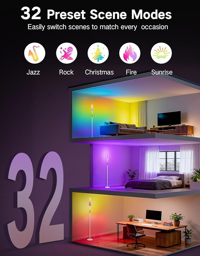OUTON Corner Floor Lamp with Remote, Touch & App Control, RGB Color Changing Standing Lamp with 32 Modes, 360 Lighting, 3 Color Temperatures, Dimmable 66 in Tall Lamp for Living Room,White & Metal