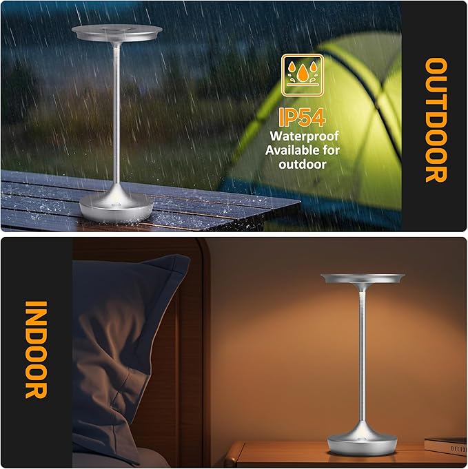 LED Cordless Table Lamps Rechargeable - Outdoor Battery Operated Portable Table Light 3 Color Stepless Dimming Tables Lamp with Memory Function for Patio Restaurant Dining 2 Pack Silver